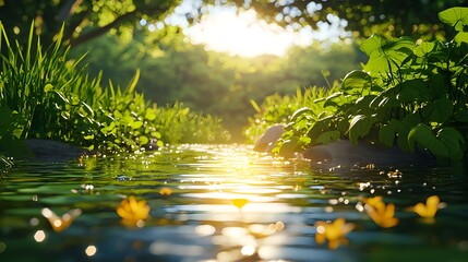 Fototapeta premium Serene River Flowing Through Lush Greenery Under Bright Sunlight