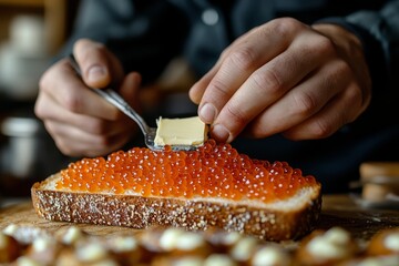 Chef preparing a delicious canape with red caviar and butter on a slice of toasted bread