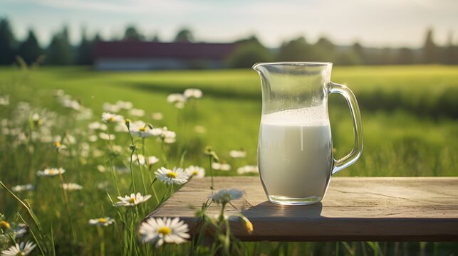 glass jug full of milk on wooden table with field in background