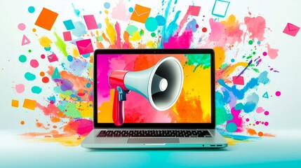Laptop with megaphone highlights creativity and communication in a colorful digital environment