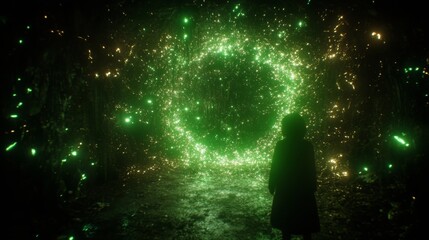 Naklejka premium Mysterious Figure Approaches Glowing Portal in Dark Forest