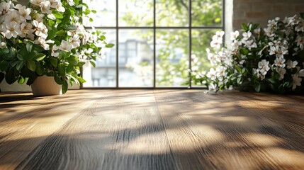 Fototapeta premium Wooden table with white flowers and blurred window background creating a cozy and natural atmosphere