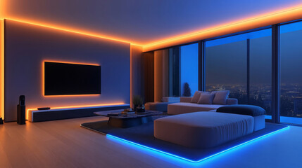 Modern living room with ambient lighting, sleek furniture, and city view