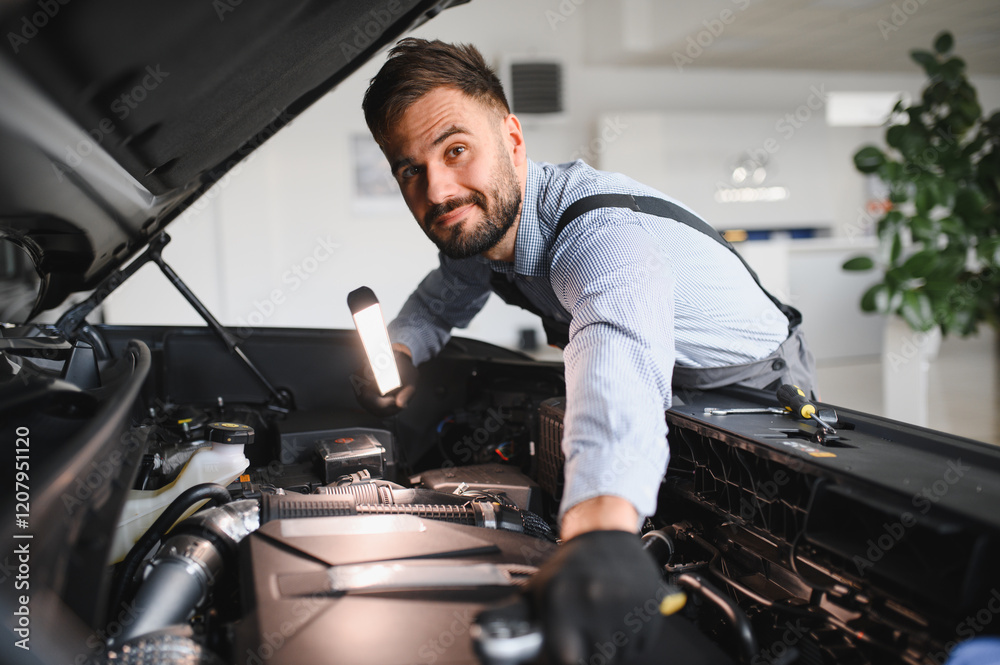 Aufkleber troubleshooting process. auto mechanic working in garage. repair service