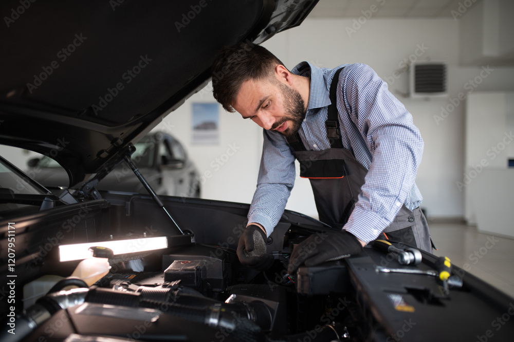 Poster troubleshooting process. auto mechanic working in garage. repair service
