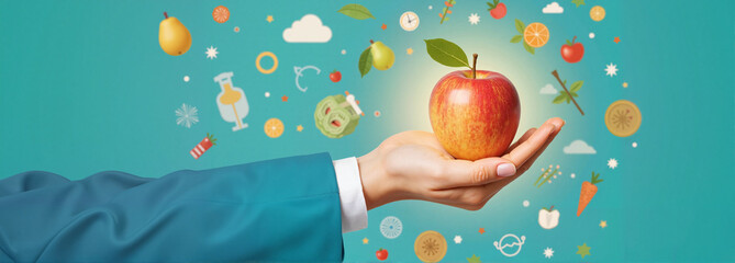 Hand holding apple with health icons on turquoise background