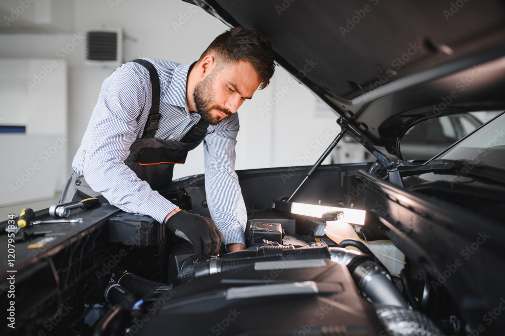 Aufkleber troubleshooting process. auto mechanic working in garage. repair service