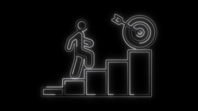 Neon Animation of a Person Climbing Stairs Toward goal of white color, Representing Success, goal achiever Success icon animation with neon shine concept