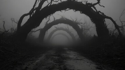 Mysterious Foggy Forest Path Arched Trees Landscape