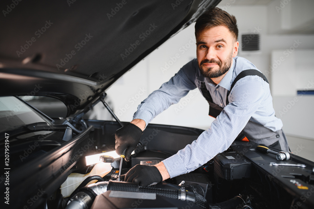 Poster Troubleshooting process. Auto mechanic working in garage. Repair service