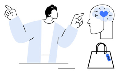 Person pointing, brain with heart symbol, shopping bag with price tag. Ideal for marketing, consumer behavior, decision making, emotional intelligence, sales strategies, advertising mindset