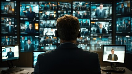 Man Monitoring Multiple Screens in a Modern Control Room