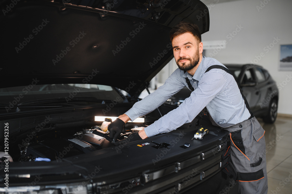 Aufkleber Troubleshooting process. Auto mechanic working in garage. Repair service