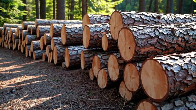 Pile of cut tree logs in a sunlit forest, environmental impact concept