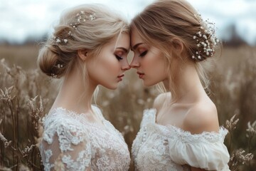 Two brides are touching foreheads in a field with dried flowers in their hair while wearing white lace dresses