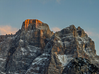 Panoramic view of the Dolomites mountains in winter, Italy. Santa Fosca Civetta resort.Ski resort...