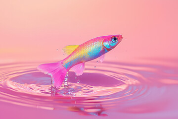 A single colorful fish falling into the water, creating ripples that spread out like magic. High-definition photography style. a pink background behind it. It has clear details and high resolution.