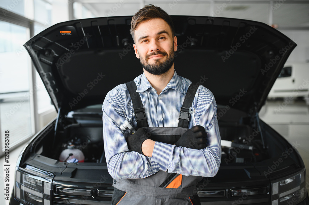 Poster auto mechanic working in garage.