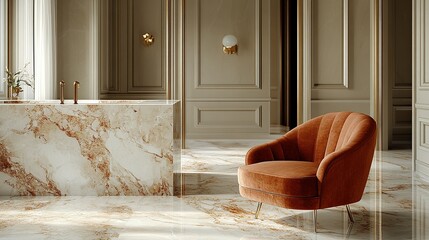 Orange armchair in luxurious marble bathroom, sink, sunlit
