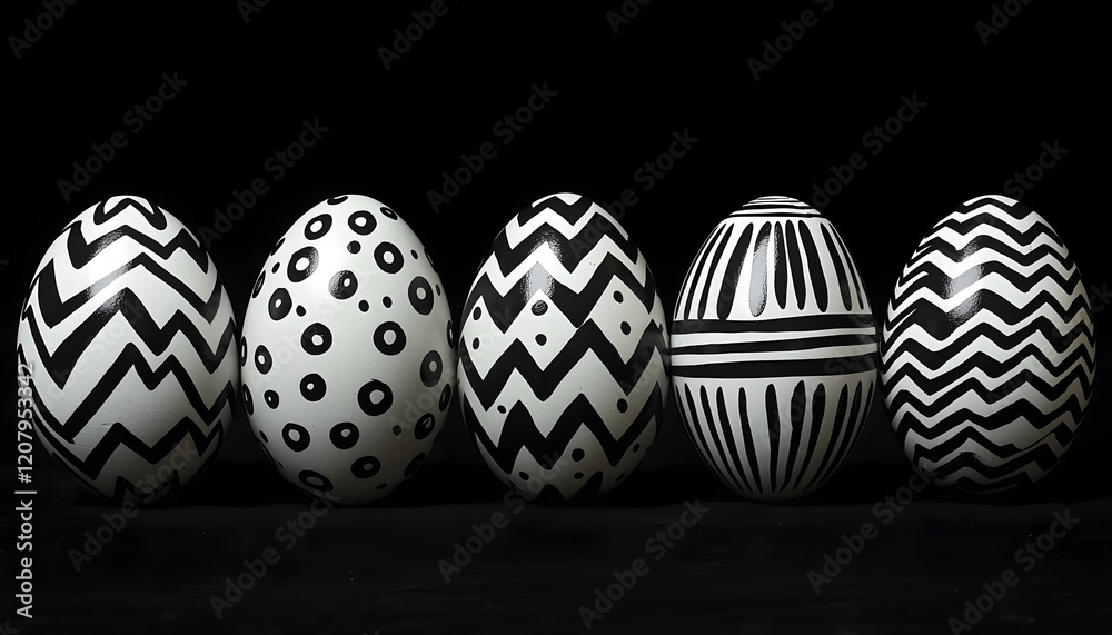 Poster stylish black and white decorative easter eggs with striking patterns on a dark background for creat