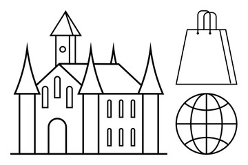 Fototapeta premium Gothic castle with towers next to a globe and a shopping bag. Ideal for travel, tourism, heritage, commerce, globalization, online shopping, and education. Line metaphor