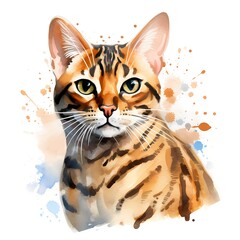 Bengal Cat clipart. Isolated Watercolor Element illustration. Detailed illustration