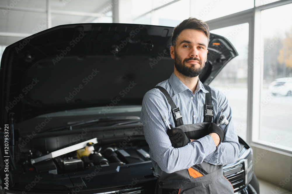 Poster auto mechanic working in garage.