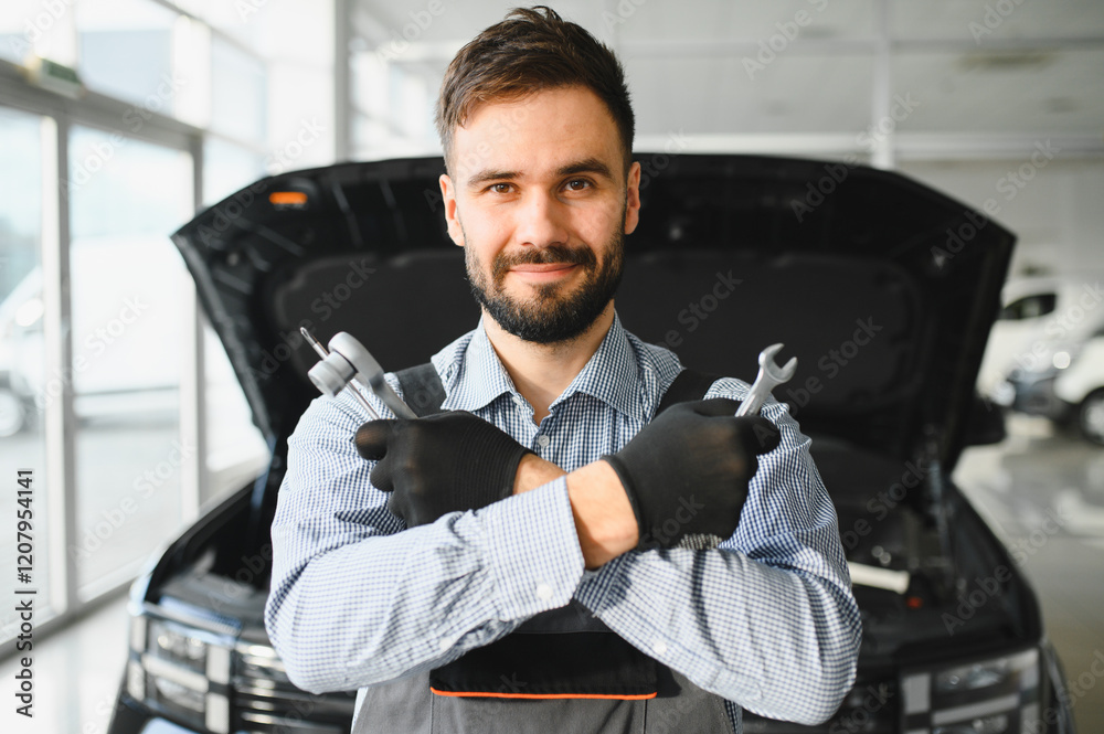 Poster auto mechanic working in garage.