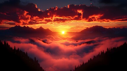 Fototapeta premium Breathtaking Sunset Over Mountain Peaks with Dramatic Clouds and Mist