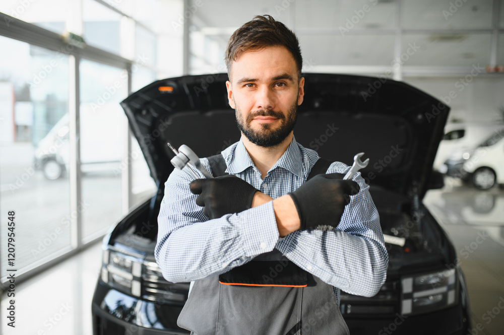 Poster auto mechanic working in garage.