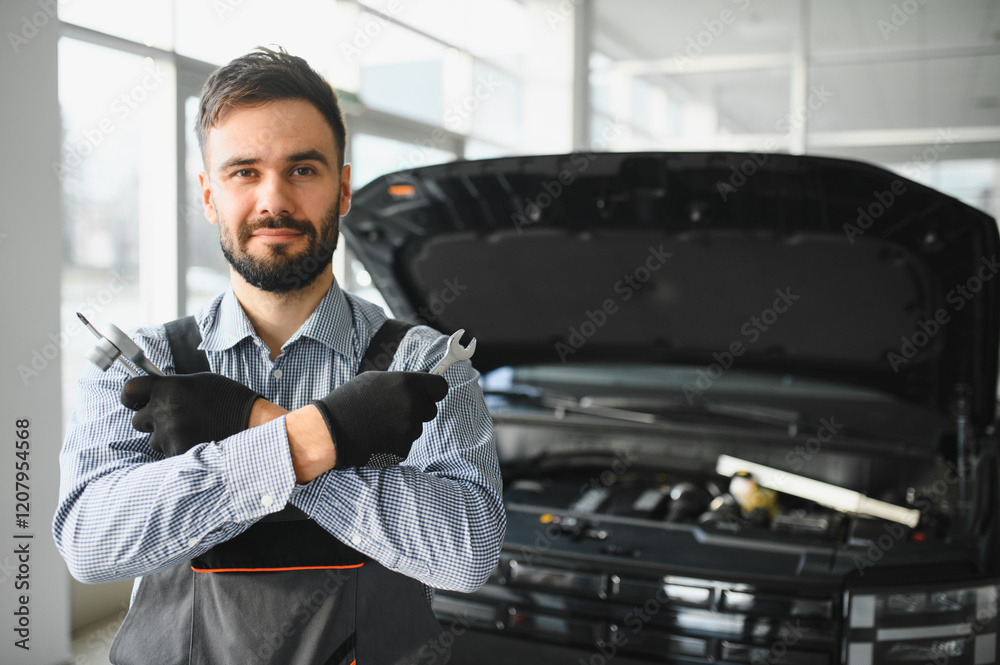 Poster auto mechanic working in garage.