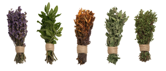 Five bundles of assorted herbs displayed with natural twine for culinary purposes. transparent background
