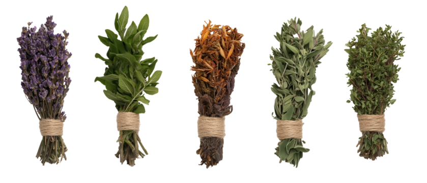 Five bundles of assorted herbs displayed with natural twine for culinary purposes. transparent background