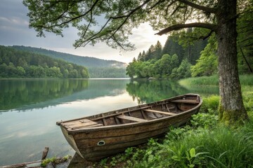 Obraz premium An old wooden boat resting on a tranquil lake surrounded by lush greenery and towering trees, water scenery, tree line, serene lake