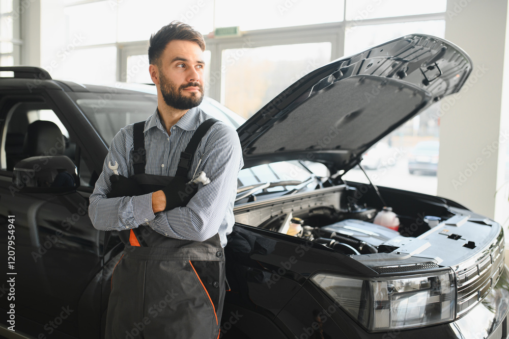 Poster troubleshooting process. auto mechanic working in garage. repair service