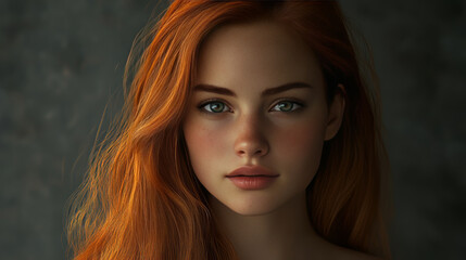 Fototapeta premium Young woman with long auburn hair, radiant fair skin, and bright teal eyes, gazing confidently at the camera