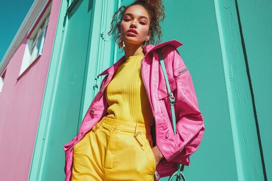 Influencer showcases vibrant colors in urban setting during sunny afternoon