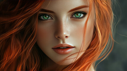 Fototapeta premium Young woman with long auburn hair, radiant fair skin, and bright teal eyes, gazing confidently at the camera