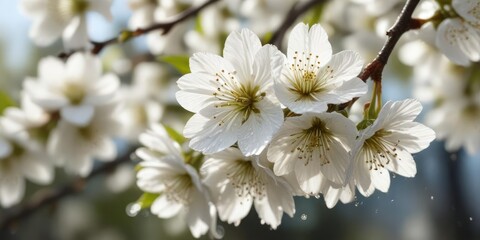 Obraz premium Close-up of white cherry blossoms with dew drops glistening in sunlight, beauty, delicate, water droplets