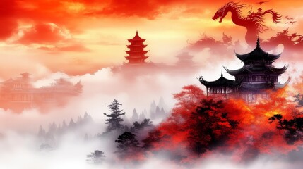 Fototapeta premium Mystical Asian Temples Amidst Crimson Sunset Clouds and Dragon
