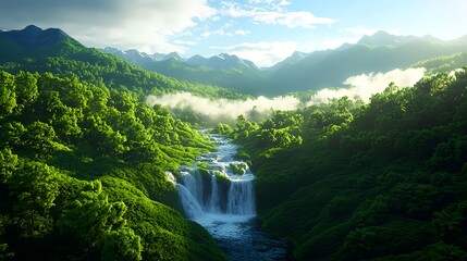 Fototapeta premium Serene Waterfall Surrounded by Lush Green Forest and Mountains