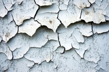 Close-up of cracked and peeling white paint texture on rustic wall surface