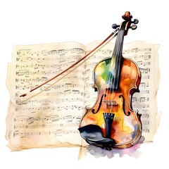 Fototapeta premium Violin With Music Sheets clipart. AI Watercolor Art illustration. Detailed illustration