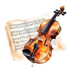 Fototapeta premium Violin With Music Sheets clipart. Watercolor illustration. AI-Generated Artistic Illustration. Detailed illustration
