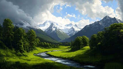 Obraz premium Majestic Mountain Landscape with Lush Green Valley and River View