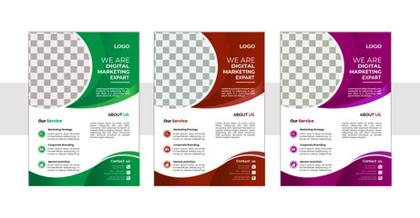  A bundle of 3 templates of different colors a4 flyer template, modern business flyer template,  Business abstract vector template. Brochure design, cover modern layout, annual report, poster.  