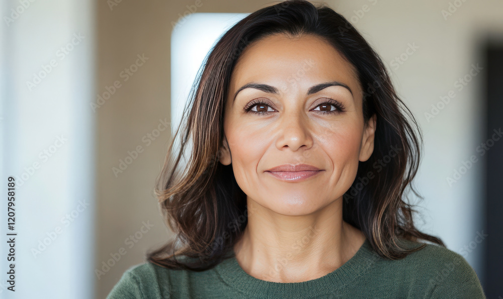 Wall mural Confident woman with long dark hair wearing green sweater, looking directly at camera, showcasing natural beauty and strong character in bright indoor setting