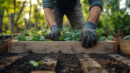 Fototapeta premium Gardener planting fresh greens in a wooden garden bed