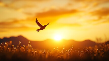 Naklejka premium Bird in Flight Against a Stunning Sunset Over a Mountain Landscape