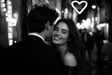 Fototapeta premium Romantic Monochrome Portrait of a Couple in Love on a City Street at Night